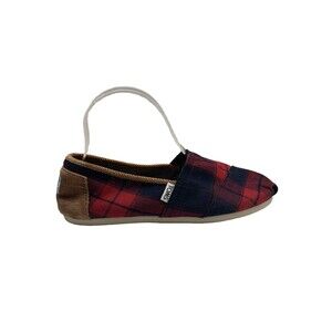 Toms Shoes Women’s Size 7.5 W Red Black Tan Buffalo Plaid Fabric Slip-on Flats
